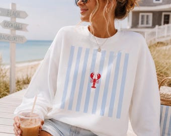 East Coast Summer Sweatshirt | Red Lobster Sweatshirt, Nautical Striped Sweatshirt, Blue Striped Crewneck, Summer Sweatshirt, Maine