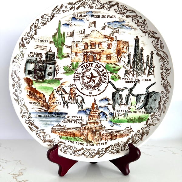 Vintage Texas Souvenir Plate, The Alamo Under Six Flags, Lone Star State Collector Plate, Texas Longhorn, State Capitol, 10 Inch Wall Decor