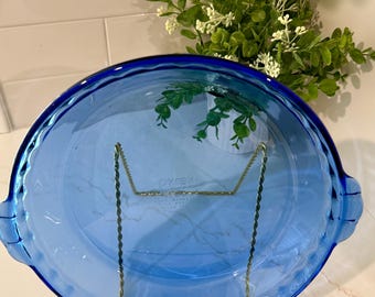 Vintage pyrex Cobalt Blue Round Baking Dish with Handles | 10” Glass Ovenware | Made in USA