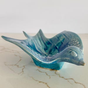 Vintage Dryden Pottery Blue Bird Bowl | Mid Century Arkansas Art Pottery Trinket Dish