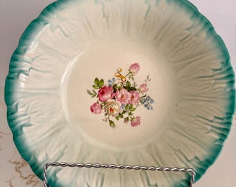 Vintage Homer Laughlin Floral Serving Bowl Turquoise Sponge Rim Embossed Leaf Bowl Cottage Farmhouse Decor 9 Inch USA