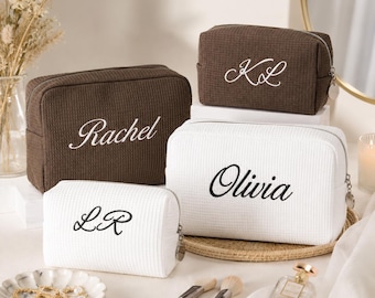 Pochette cosmetica personalizzata a nido d'ape, trousse per il trucco ricamata, beauty case con nome personalizzato, pochette da viaggio con monogramma, regalo per damigella d'onore.