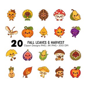 Puede incluir: Una colección de 20 ilustraciones estilo kawaii de cosecha otoñal y hojas con caras sonrientes. El conjunto incluye una hoja de roble, girasol, piña, seta, pera, hoja de arce, calabaza, uvas, higo, maíz y bellota con el texto 20 FALL LEAVES & HARVEST.