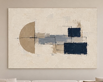 Beige Marinblå Abstrakt Oljemålning, Halvcirkel Geometrisk Väggkonst, Modern Neutral Heminredning