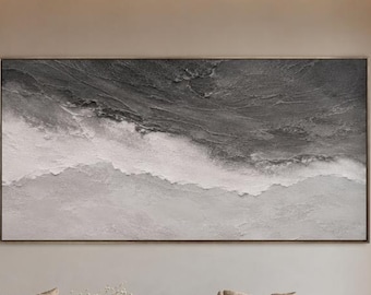 Gråvit abstrakt oljemålning, svart neutral väggkonst, texturerad horisontell duk, modern monokrom dekor för vardagsrumskontorsvägg