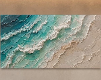Kustvågoljemålning, akvamarinblå havsväggkonst, texturerad strandlinjekanvas, turkos havslandskapsdekor för strandhusbadrumsväggkonst