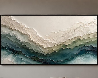 Abstrakt landskapsoljemålning, krämgrön bergsväggkonst, texturerad neutral duk, modern jordfärgad konstverk för vardagsrumsinredning
