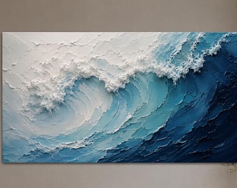 Blå havsvåg Impasto oljemålning, kraftig texturerad marinmålning på canvas, kustabstrakt 3D-surfmålning för ett modernt vardagsrum