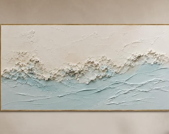 Ljusblå abstrakt oljemålning, krämfärgad texturerad väggkonst, minimalistisk kustduk, mjukt horisontkonstverk för lugna moderna interiörer