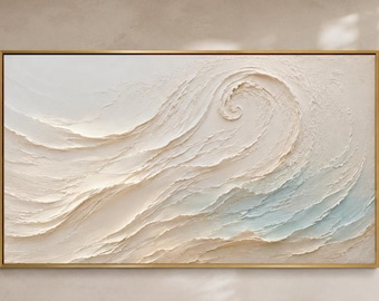 Neutral abstrakt vågmålning, kraftig impasto-virvelkanvas, minimalistisk Wabi Sabi-väggkonst, texturerad kustinredning för sovrum