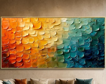 Färgglad abstrakt oljemålning, orange blågrön texturerad väggkonst, palettknivskanvas, modern tonad konstverk för vardagsrumsväggdekor