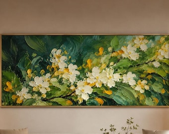 Stor abstrakt botanisk målning, tjock impasto-kanvasväggkonst, texturerad vit blommig vårdekor, modern vardagsrums unika konstgåvor