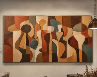 Abstrakt målning i modern stil, jordfärgad geometrisk kanvasväggkonst, texturerad kubistisk figurdekor, retro boho hem