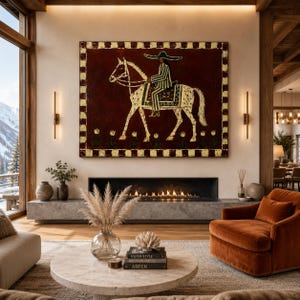 Cowgirl Horse Oil Painting, Rustic Maroon Canvas Wall Art, Boho Western Wall Decor