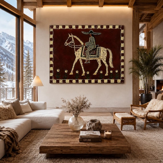 Cowgirl Horse Oil Painting, Rustic Maroon Canvas Wall Art, Boho Western Wall Decor