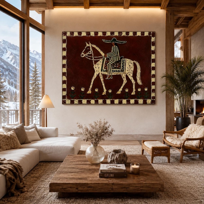 Cowgirl Horse Oil Painting, Rustic Maroon Canvas Wall Art, Boho Western Wall Decor
