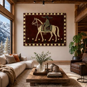 Cowgirl Horse Oil Painting, Rustic Maroon Canvas Wall Art, Boho Western Wall Decor