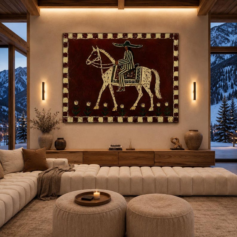 Cowgirl Horse Oil Painting, Rustic Maroon Canvas Wall Art, Boho Western Wall Decor