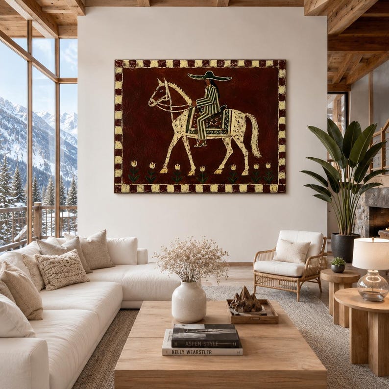 Cowgirl Horse Oil Painting, Rustic Maroon Canvas Wall Art, Boho Western Wall Decor
