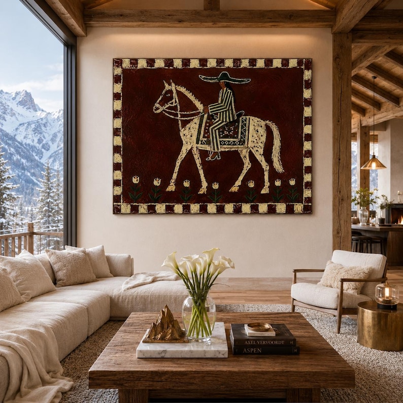 Cowgirl Horse Oil Painting, Rustic Maroon Canvas Wall Art, Boho Western Wall Decor