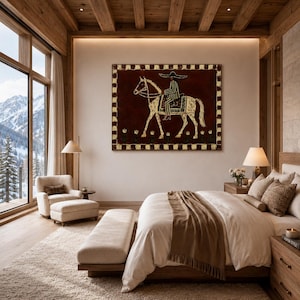Cowgirl Horse Oil Painting, Rustic Maroon Canvas Wall Art, Boho Western Wall Decor