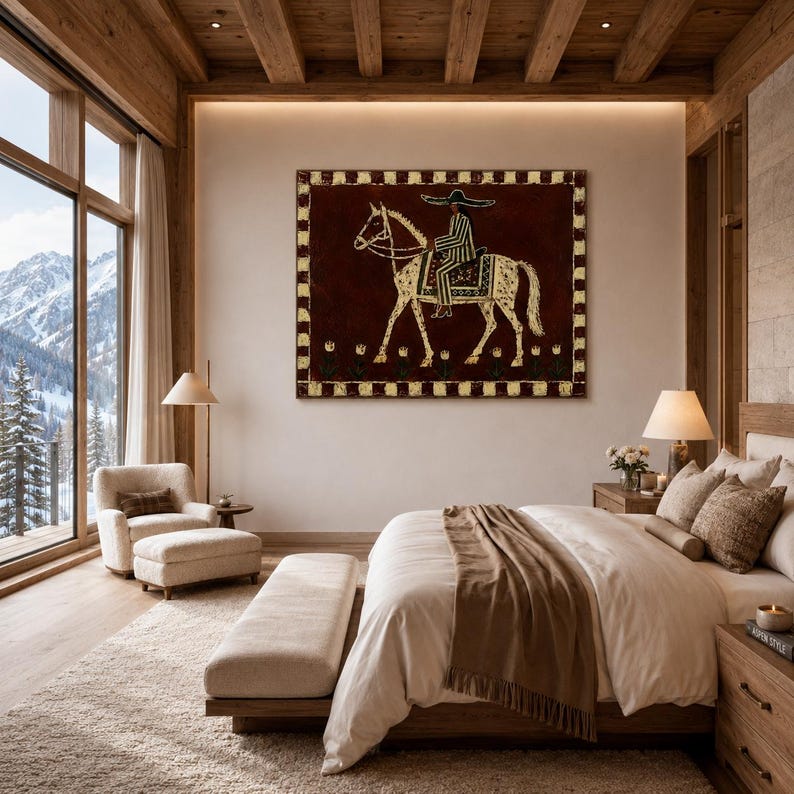Cowgirl Horse Oil Painting, Rustic Maroon Canvas Wall Art, Boho Western Wall Decor