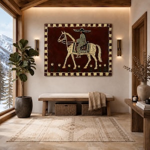 Cowgirl Horse Oil Painting, Rustic Maroon Canvas Wall Art, Boho Western Wall Decor
