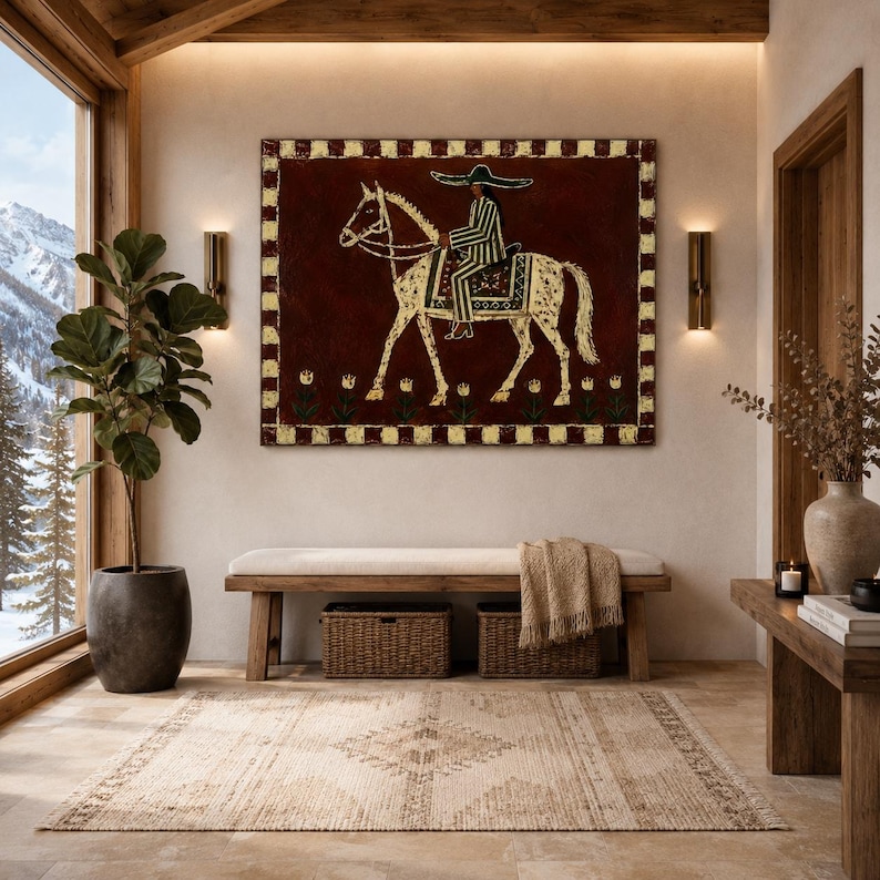 Cowgirl Horse Oil Painting, Rustic Maroon Canvas Wall Art, Boho Western Wall Decor