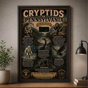 Pennsylvania Cryptid Poster Squonk Bigfoot Thunderbird Believe Explore Respect Vintage Wall Art Cryptozoology Decor Gift For Fans