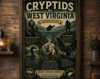 West Virginia Cryptids Poster Mothman Flatwoods Monster Wall Art Print Appalachian Decor Paranormal Poster Folklore Art Gift Cryptid Fans