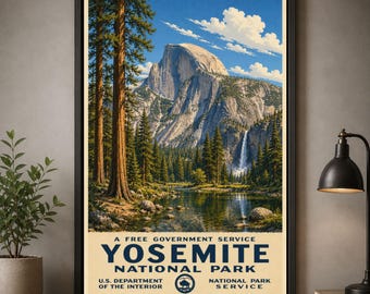 Yosemite National Park Poster Vintage Travel Print California Wall Art Mountain Decor Waterfall Decor Hiking Gift Nature Print Poster