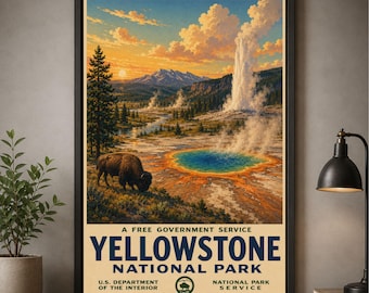 Yellowstone National Park Poster Vintage Travel Print Wyoming Wall Art Geyser Decor Wildlife Decor Hiking Gift Nature Print Poster