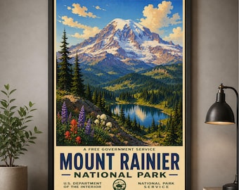 Mount Rainier National Park Poster Vintage Travel Print Washington Wall Art Mountain Decor Hiking Gift Cabin Decor Nature Print Poster
