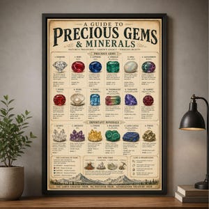 May include: A framed educational poster titled A Guide to Precious Gems & Minerals. The chart displays illustrations of twelve precious gems and six important minerals, each with its chemical formula, color, and Mohs hardness scale rating.