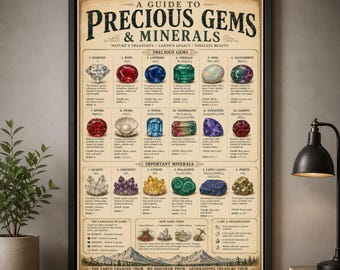 Gemstone Poster Vintage Gem Mineral Chart Crystal Wall Art Geology Print Diamond Emerald Quartz Opal Gift For Rockhound Collector Decor Home