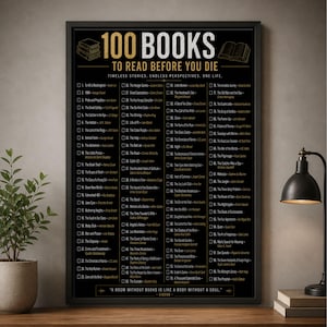 May include: A black rectangular poster titled 100 Books to Read Before You Die, featuring a numbered checklist of literary titles in white text. The design includes small book icons at the top and a quote by Cicero at the bottom, framed in black.