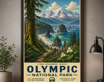 Olympic National Park Poster Vintage Travel Print Washington Wall Art Rainforest Mountain Coast Decor Pacific Northwest Gift For Hikers