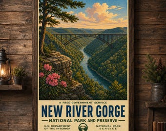 New River Gorge National Park Poster Vintage Travel Print West Virginia Wall Art Bridge Canyon Decor Appalachian Gift For Hikers Cabin