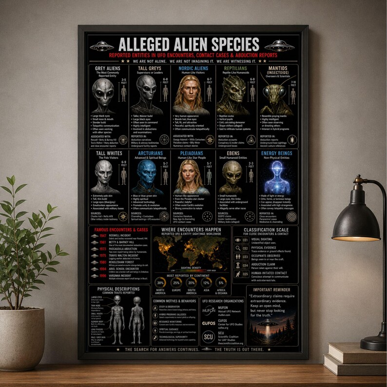 Alien Species Poster UFO Infographic Extraterrestrial Chart Alien Types ...