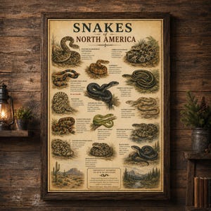 Peut inclure: Une affiche éducative encadrée intitulée Snakes of North America, présentant des illustrations détaillées de diverses espèces de serpents avec des étiquettes textuelles, sur un fond beige vintage avec des paysages de désert et de forêt.