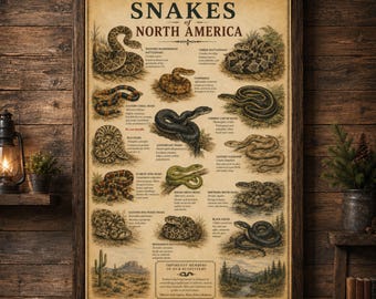 Snakes Of North America Poster Snake Identification Chart Vintage Reptile Print Wildlife Wall Art Gift Herpetologists