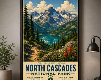 North Cascades National Park Poster Vintage Travel Print Washington Wall Art Mountain Glacier Decor Pacific Northwest Gift For Hikers Cabin