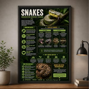 Snakes Educational Poster Snake Infographic Print Reptile Facts Wall Art Nature Science Decor Gift Snake Lovers