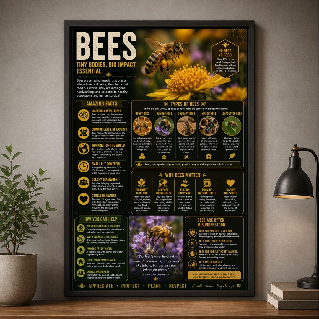 Bee Postser Bees Poster Pollinator Infographic Print Bee Education Chart Nature ...