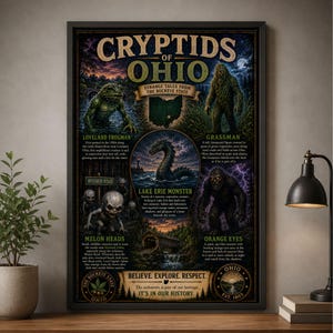 May include: A vertical poster titled Cryptids of Ohio featuring illustrations and descriptions of the Loveland Frogman, Grassman, Lake Erie Monster, Melon Heads, and Orange Eyes. The design includes a map of Ohio and text about state folklore.