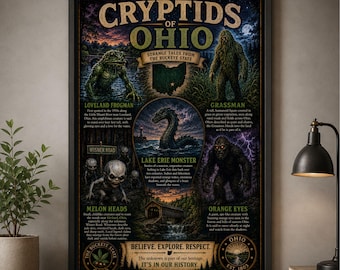 Ohio Cryptid Poster Loveland Frogman Grassman Believe Explore Respect Vintage Wall Art Cryptozoology Decor Gift For Fans
