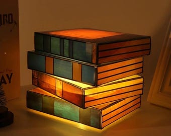Stained Glass Book Lamp, Stacked Books Lamp, Book Lover Gift, Tiffany Style Reading Lamp, Cozy Bookshelf Decor, Aesthetic Bedside Lamp