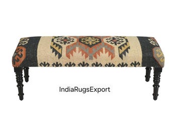 Upholstered Kilim Bench, Upholstered Boho Entryway Seating, Ethnic Geometric Wood Furniture