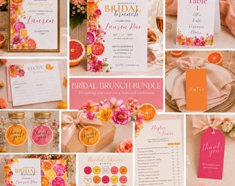 May include: A bridal brunch stationery bundle featuring watercolor citrus and floral illustrations. Includes invitations, recipe cards, table numbers, place cards, thank you tags, and game sheets with text like Bridal Brunch, Lauren Rae, and Thank You.