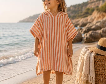 Poncho infantil con capucha y rayas para playa o piscina (60 x 60 cm)